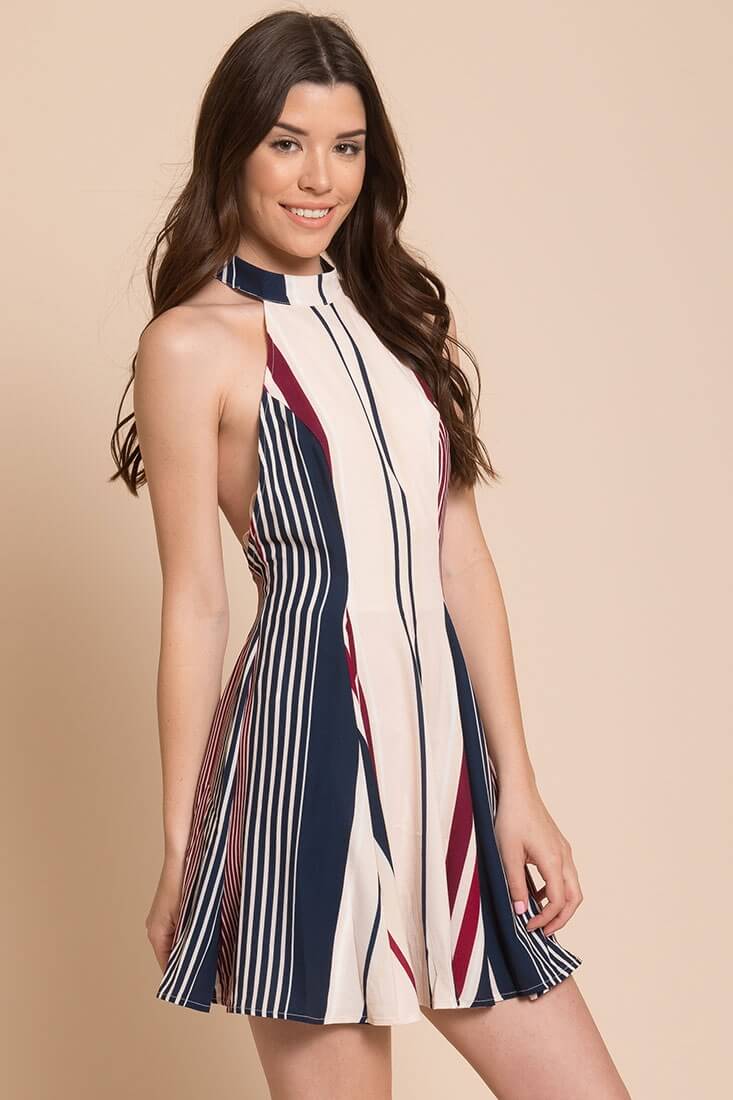 Maia Striped Mini Flare Dress Navy - Sonourner