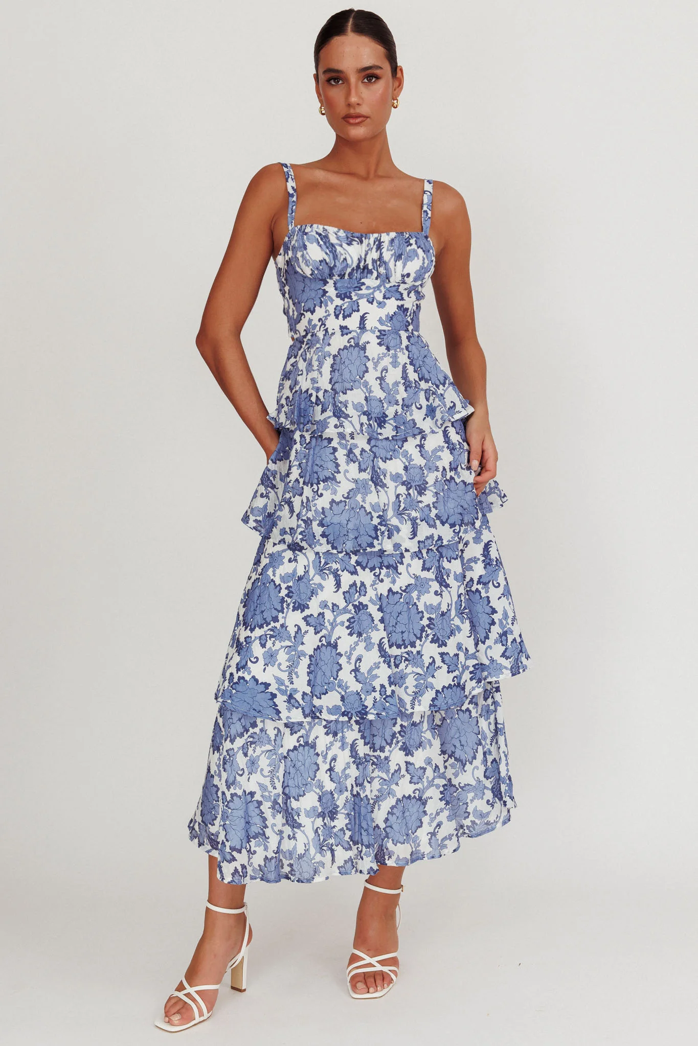Provence Bloom Tiered Maxi Dress Floral Blue - Sonourner
