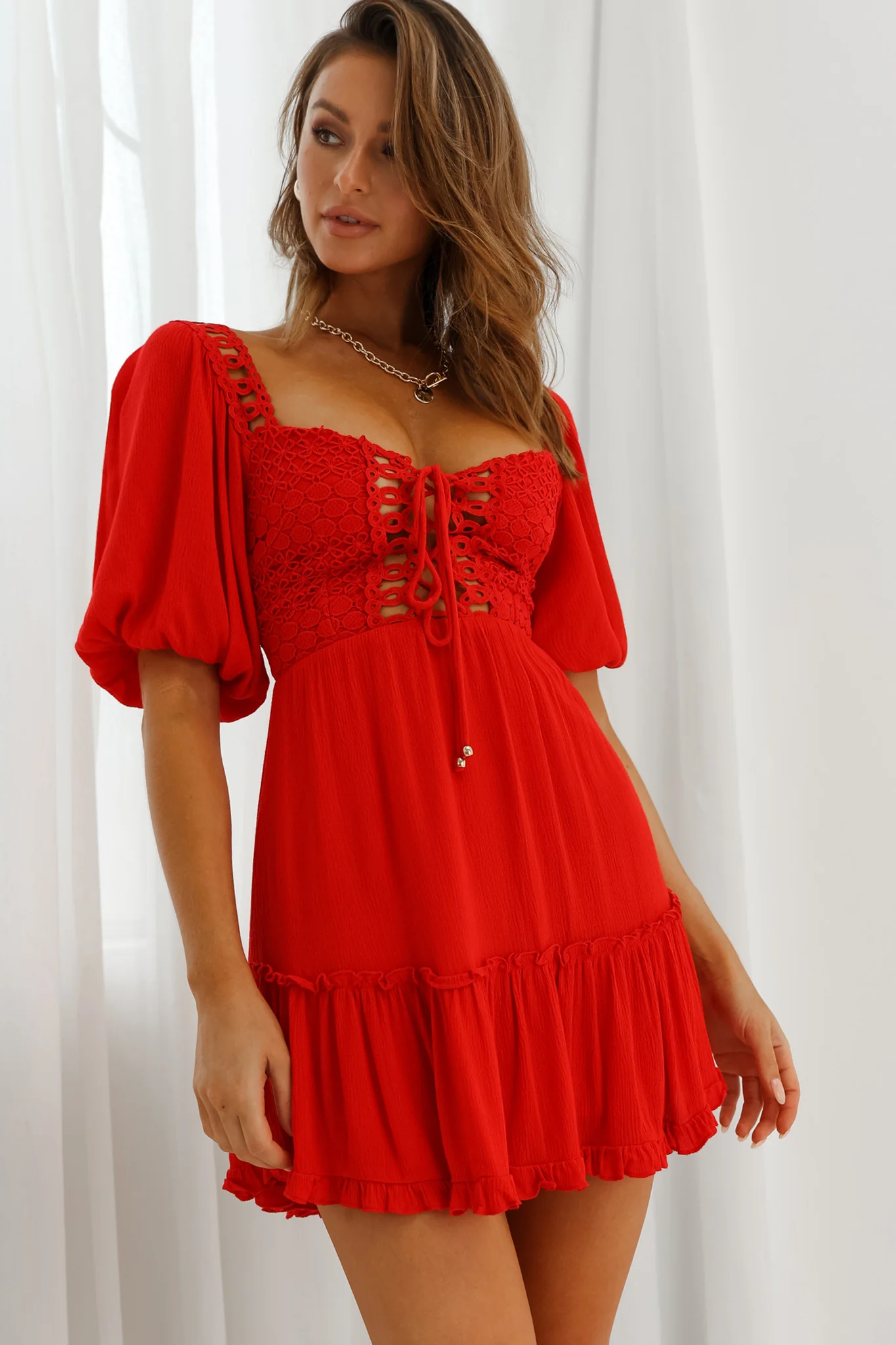 Golden Hour Lace-Up Front Crochet Dress Red - Sonourner