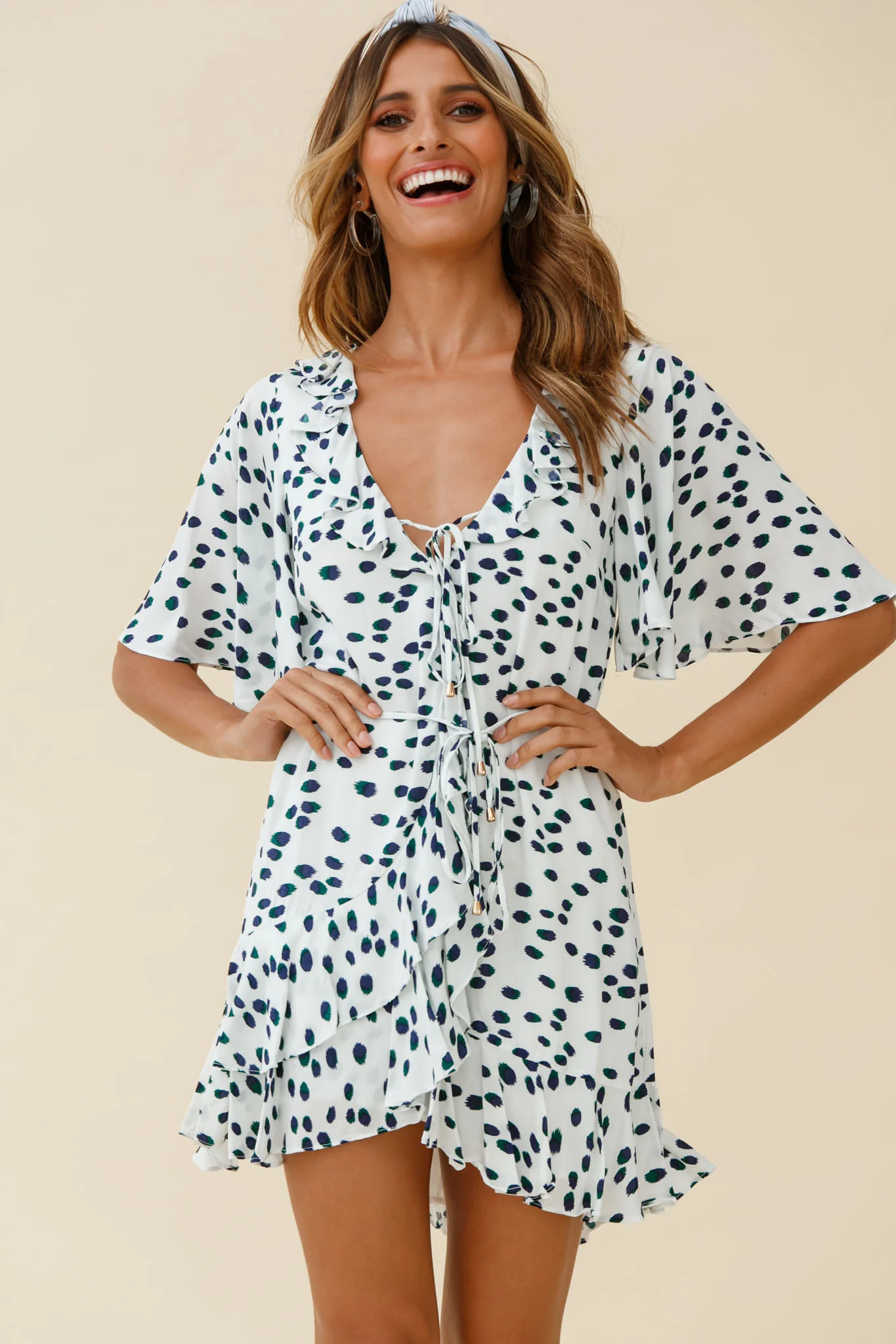 Keziah Angel Sleeve Ruffle Trim Dress Spotty Print White - Sonourner