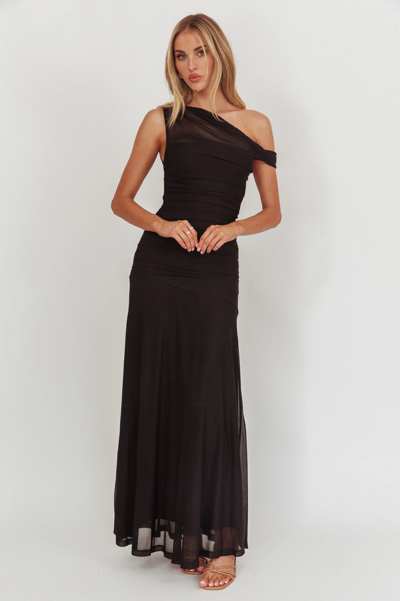 Lylah Asymmetric Neckline Mesh Maxi Dress Black - Sonourner