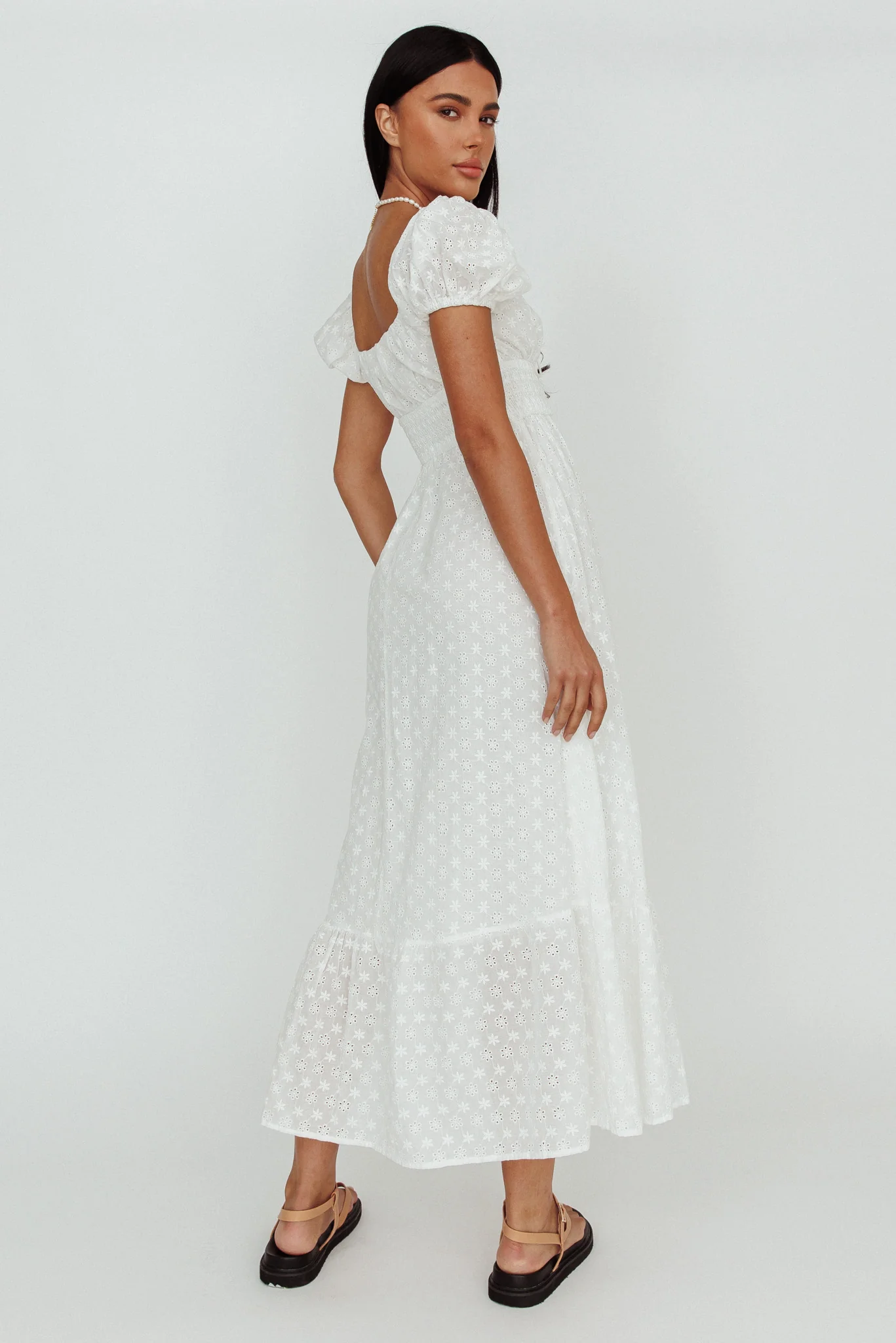 Sia Puff Sleeve Eyelet Maxi Dress White - Sonourner
