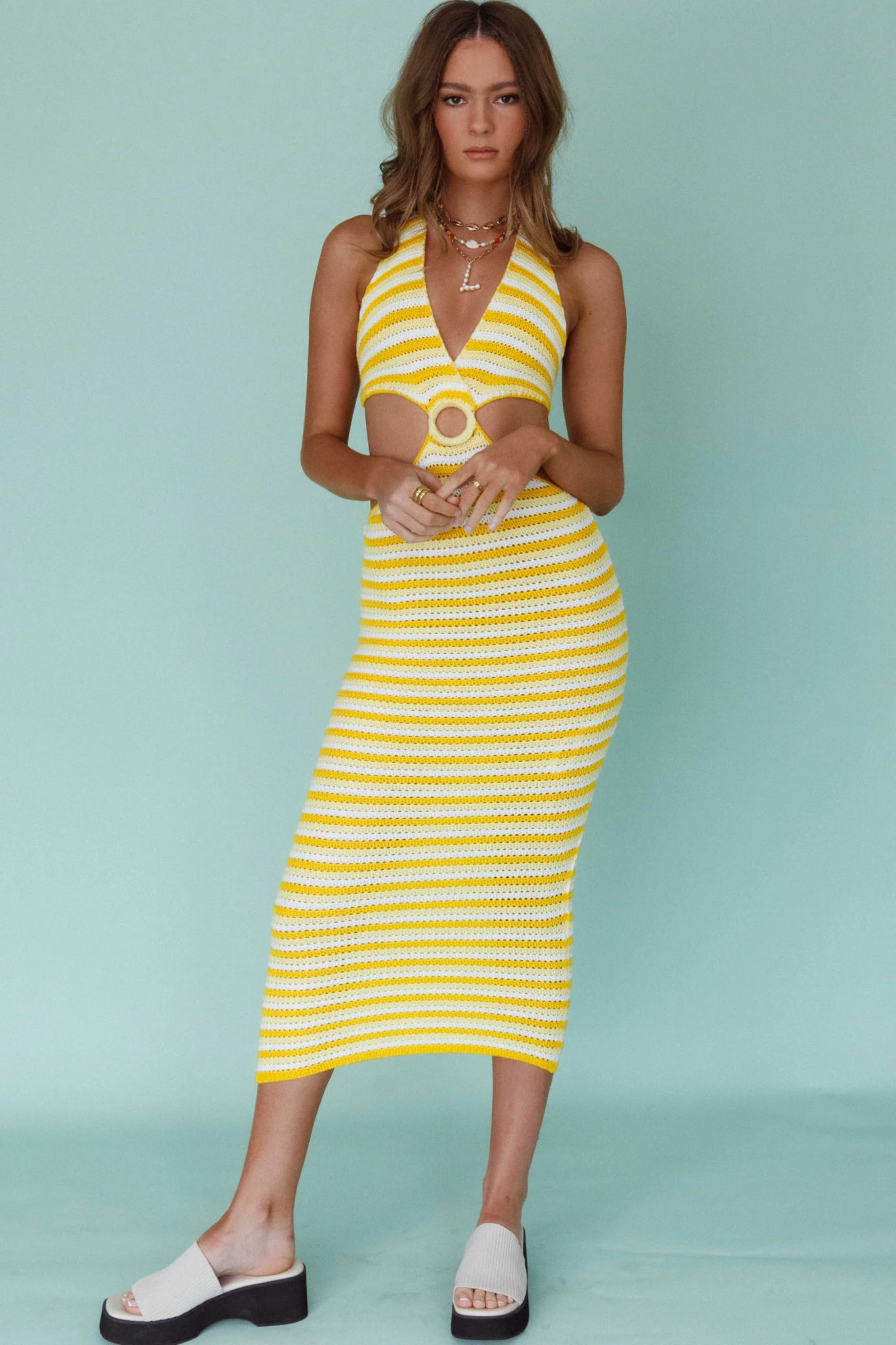 Makaria Cut-Out Crochet Midi Dress Lemon - Sonourner
