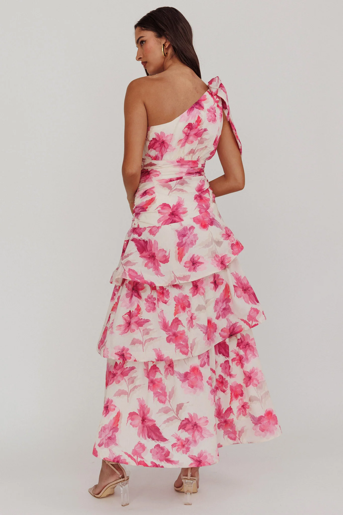 Kenny One Shoulder Tiered Floral Maxi Dress Pink - Sonourner