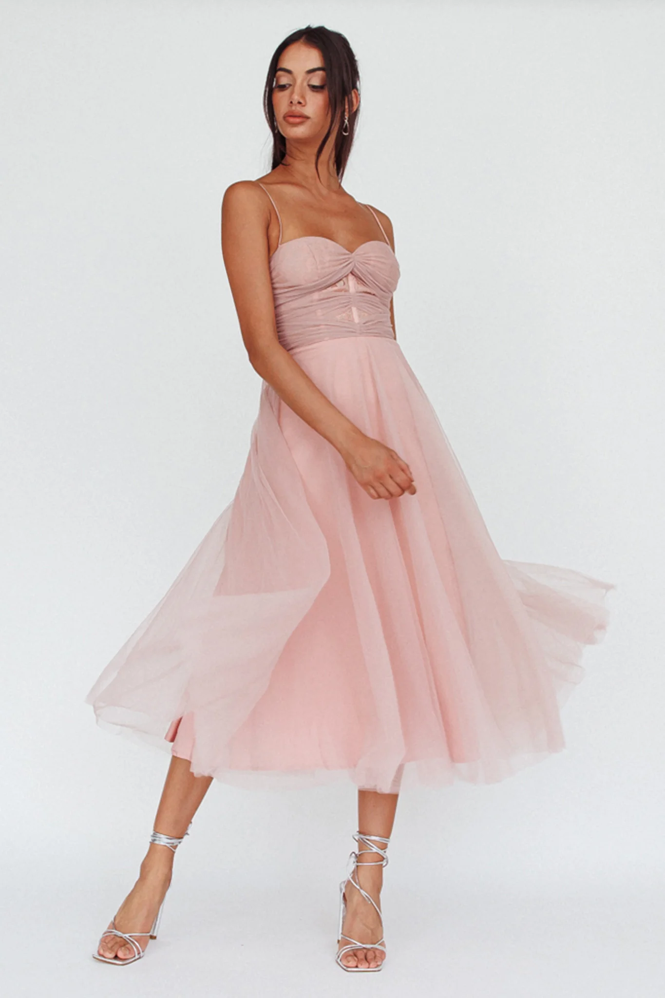 Smitten Lace Insert Tulle Midi Dress Blush - Sonourner