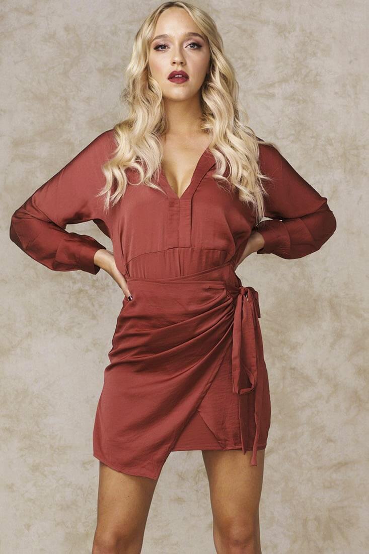 Raleigh Deep V Long Sleeve Wrap Dress Rust - Sonourner