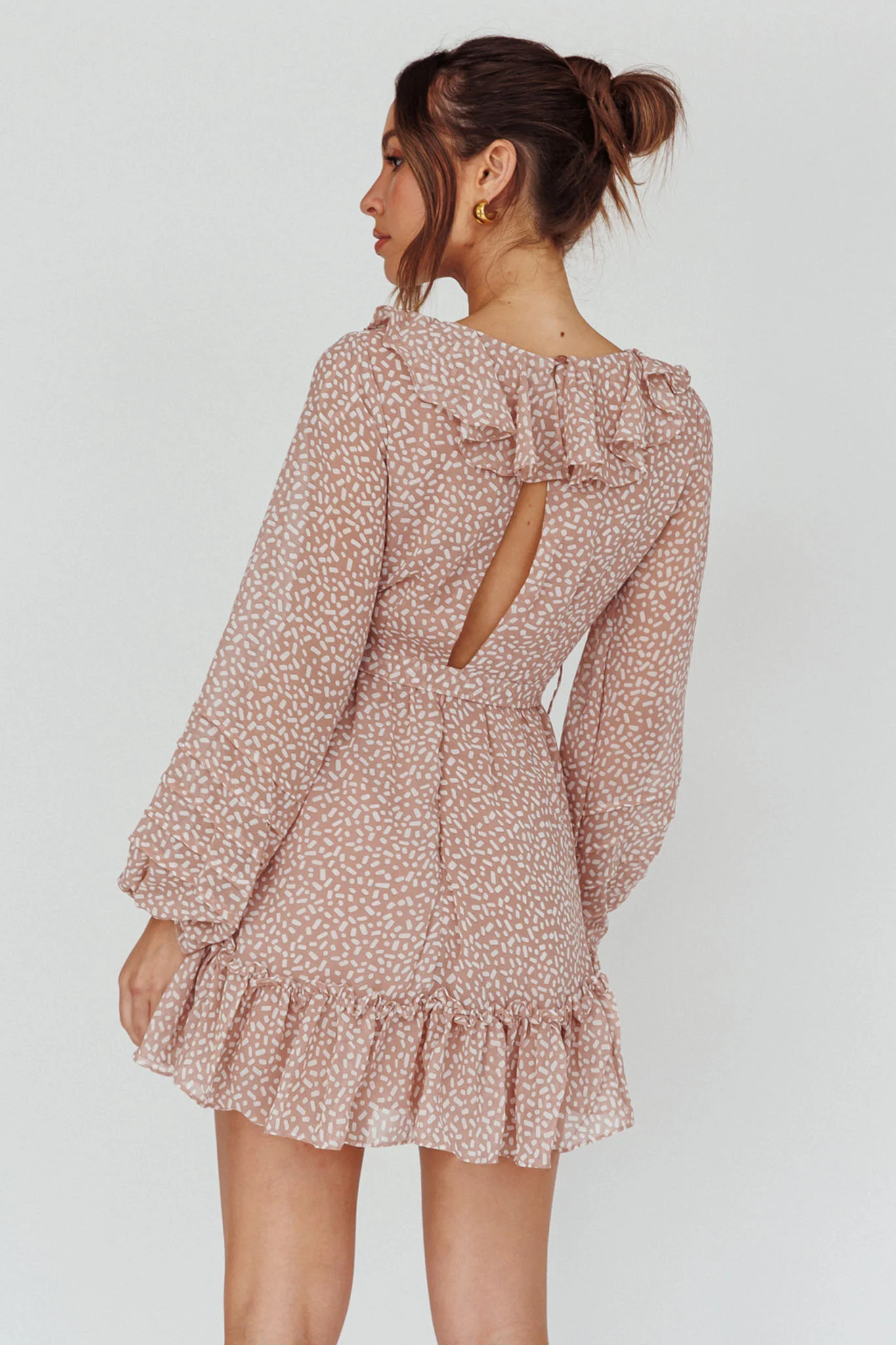 Marcheline Balloon Sleeve Waist Tie Dress Sprinkle Print Pink - Sonourner
