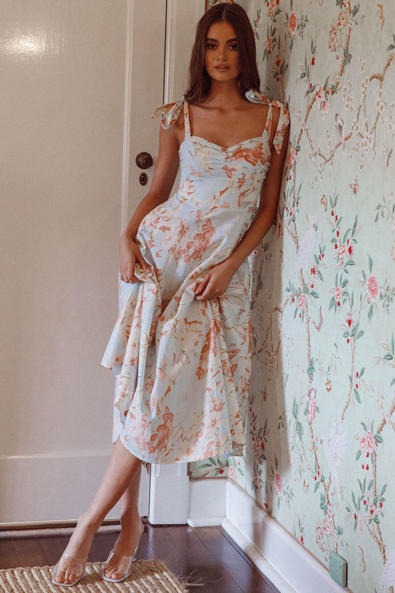 Sweet Pea Tied Shoulder Midi Dress Floral Blue - Sonourner