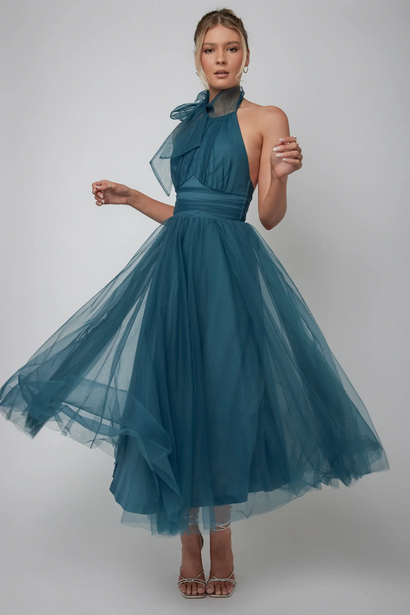 Andria Halterneck Tulle Midi Dress Teal - Sonourner