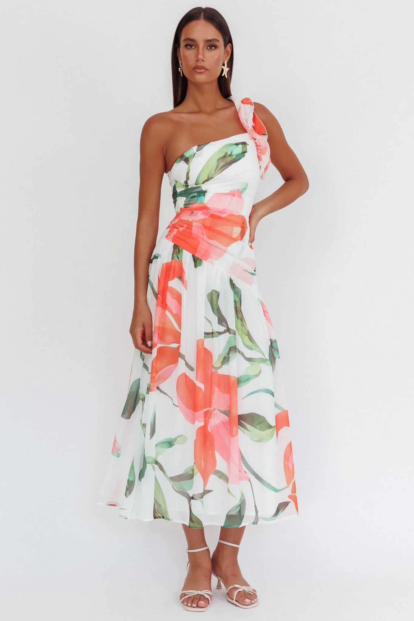 Kinley One-Shoulder Ruffle Maxi Dress Floral Red - Sonourner