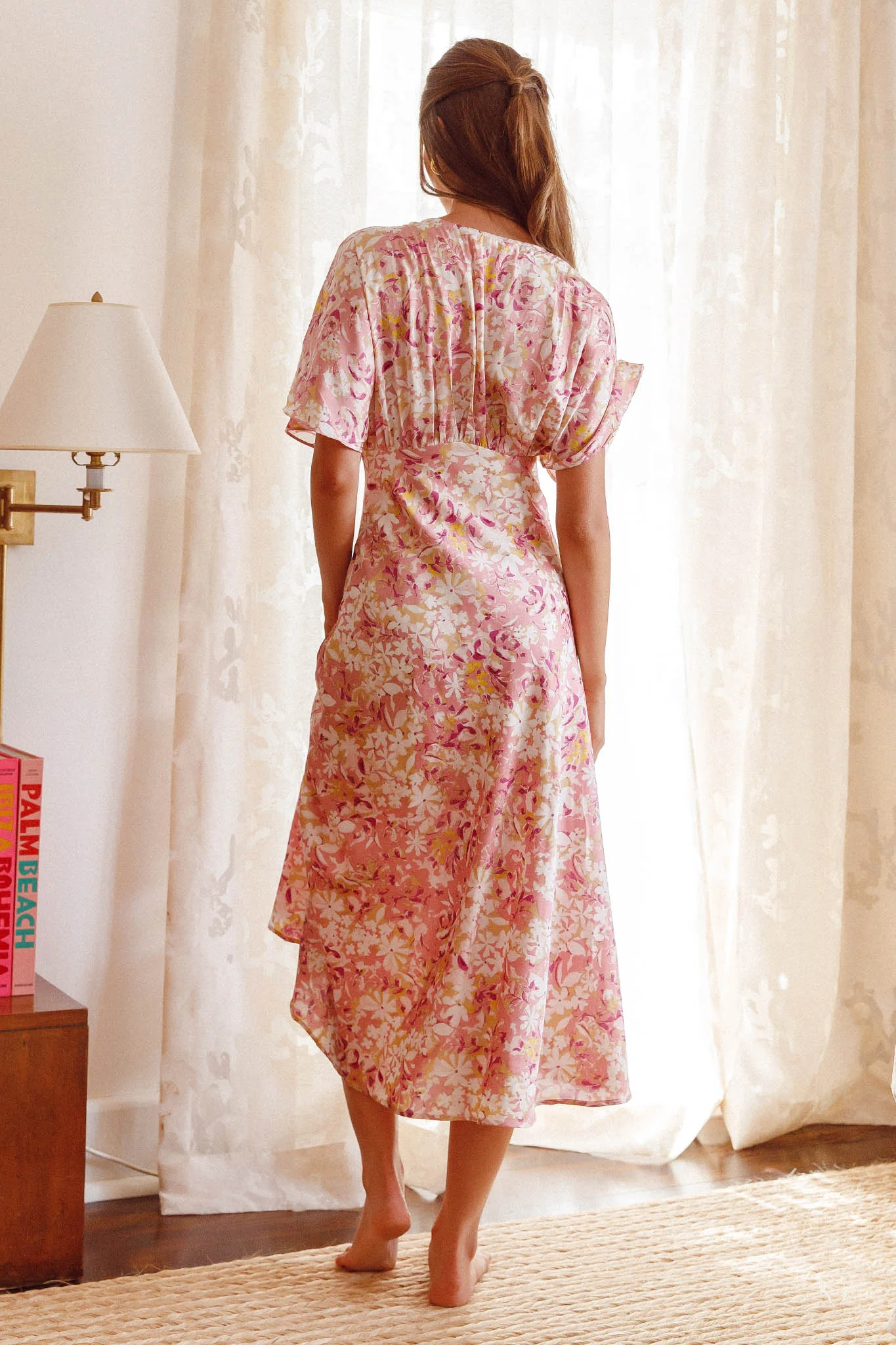Graceful Batwing Sleeve Midi Dress Floral Pink - Sonourner