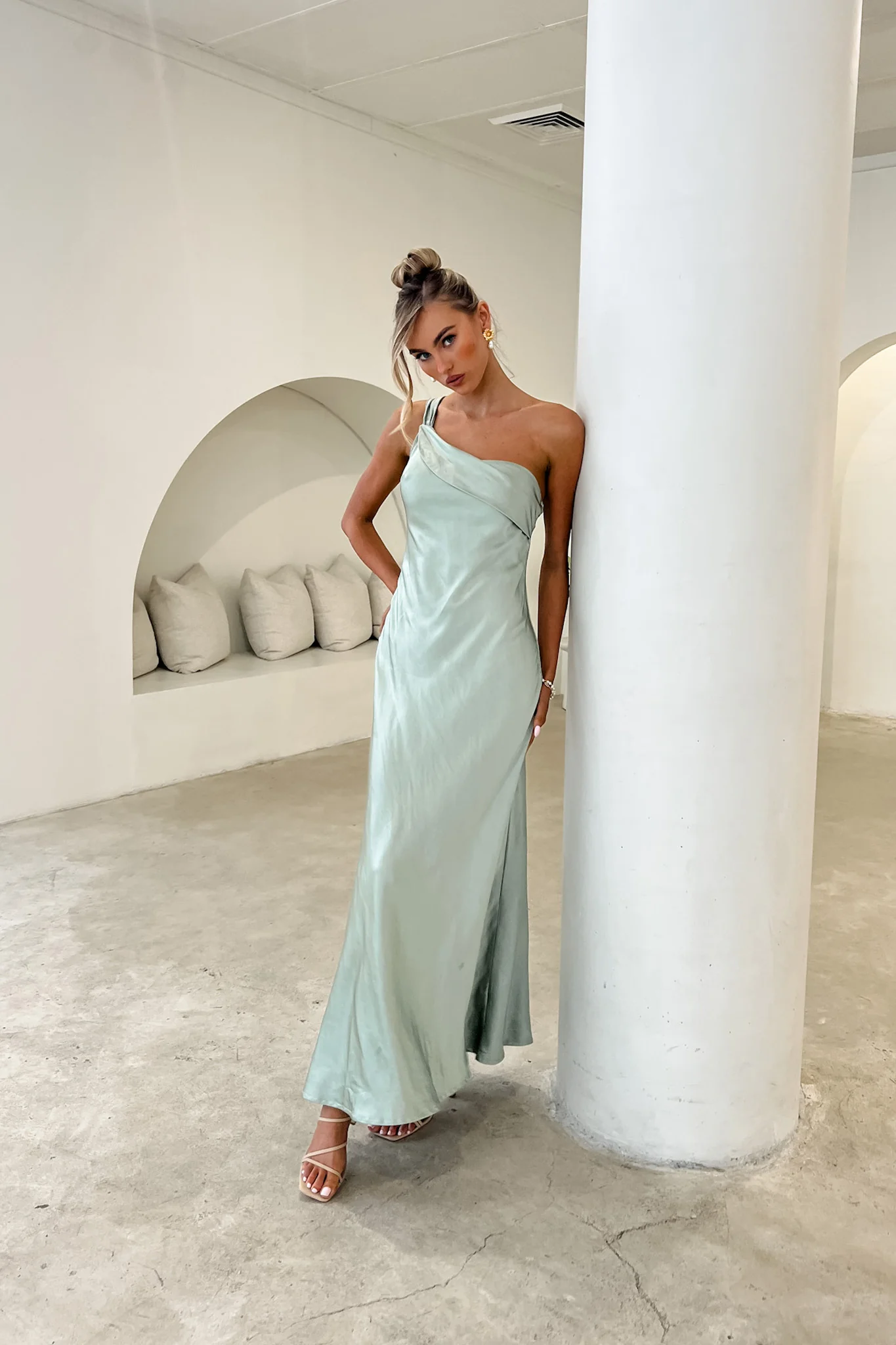 Carmel One-Shoulder Sash Maxi Dress Sage - Sonourner