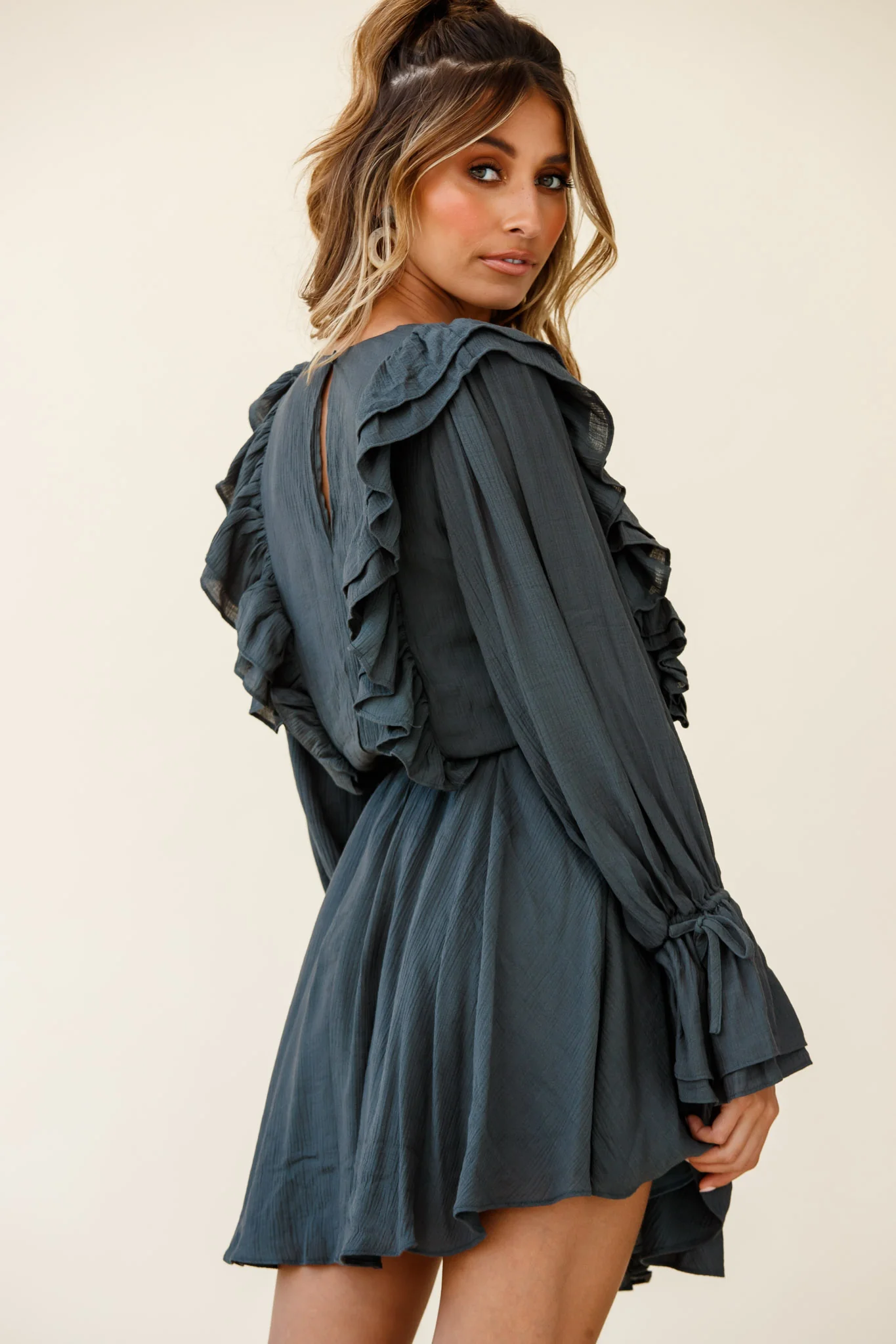 Adina Fluted Long Sleeve Frill Detail Dress Green - Sonourner