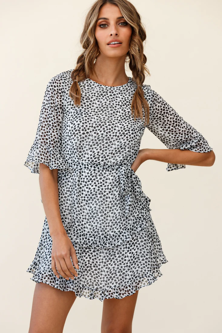 Wife Me Crew Neck Ruffle Insert Dress Polka Dot Black - Sonourner