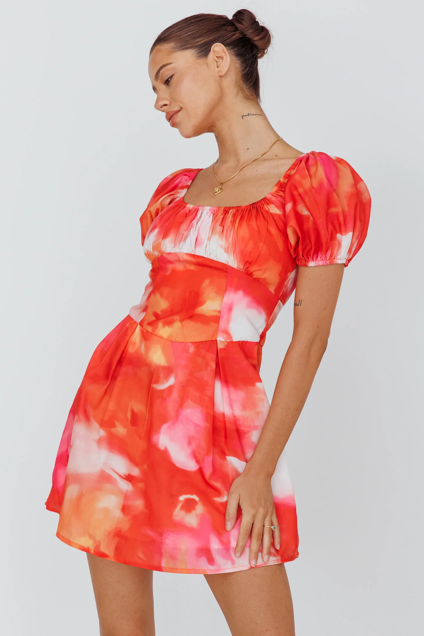 Shayna Puff Sleeve Mini Dress Print Red - Sonourner