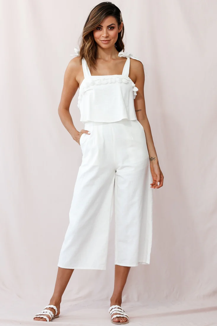 Sirocco Tassel Trim Tied Shoulder Midi Jumpsuit White - Sonourner