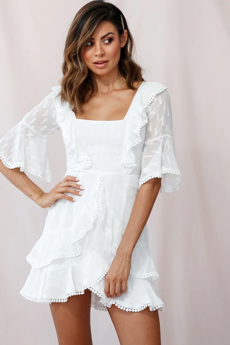 Evangelina Square Neckline Fluted Half-Sleeve Dress White - Sonourner