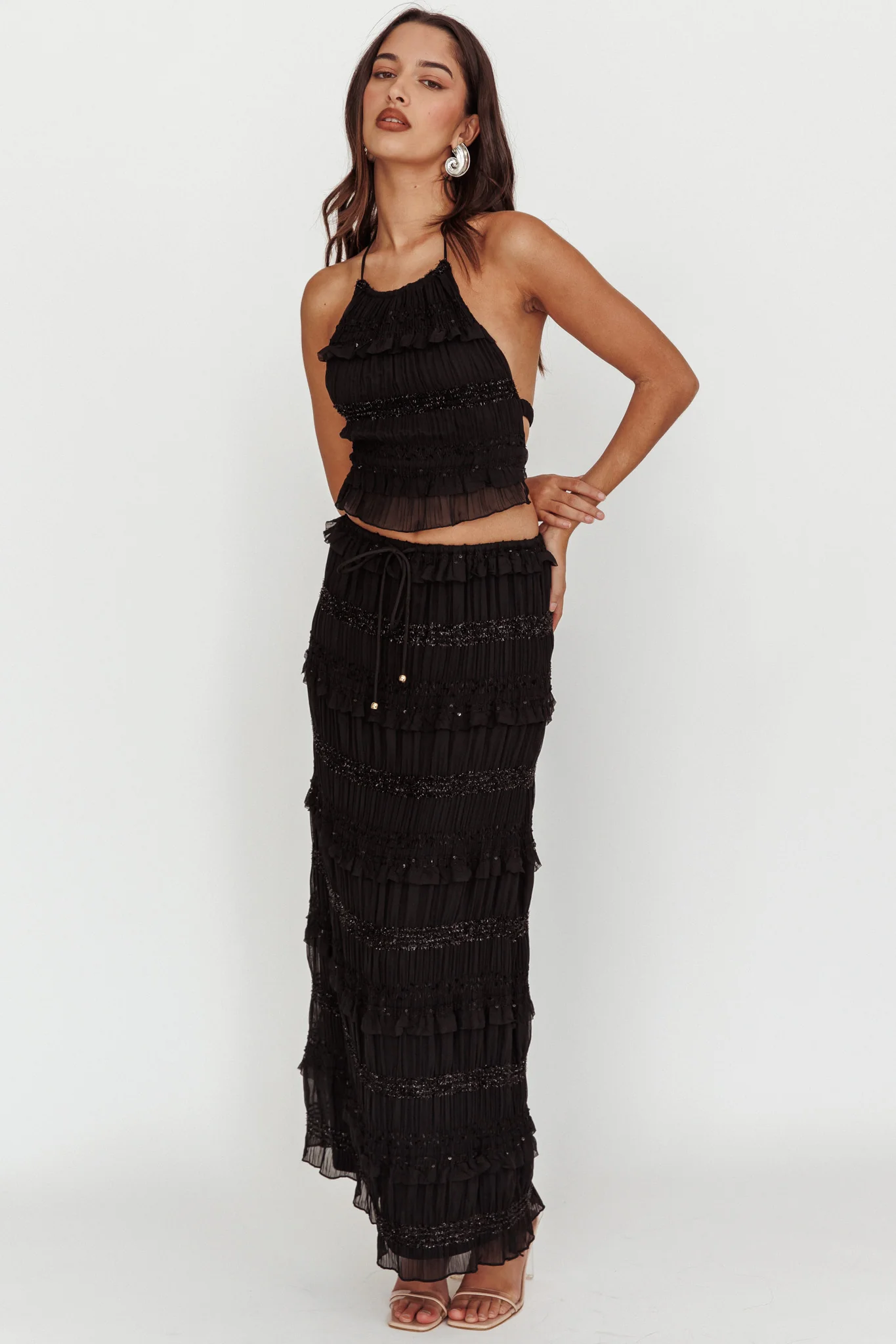 Helios Shirred Sequin Maxi Skirt Black - Sonourner