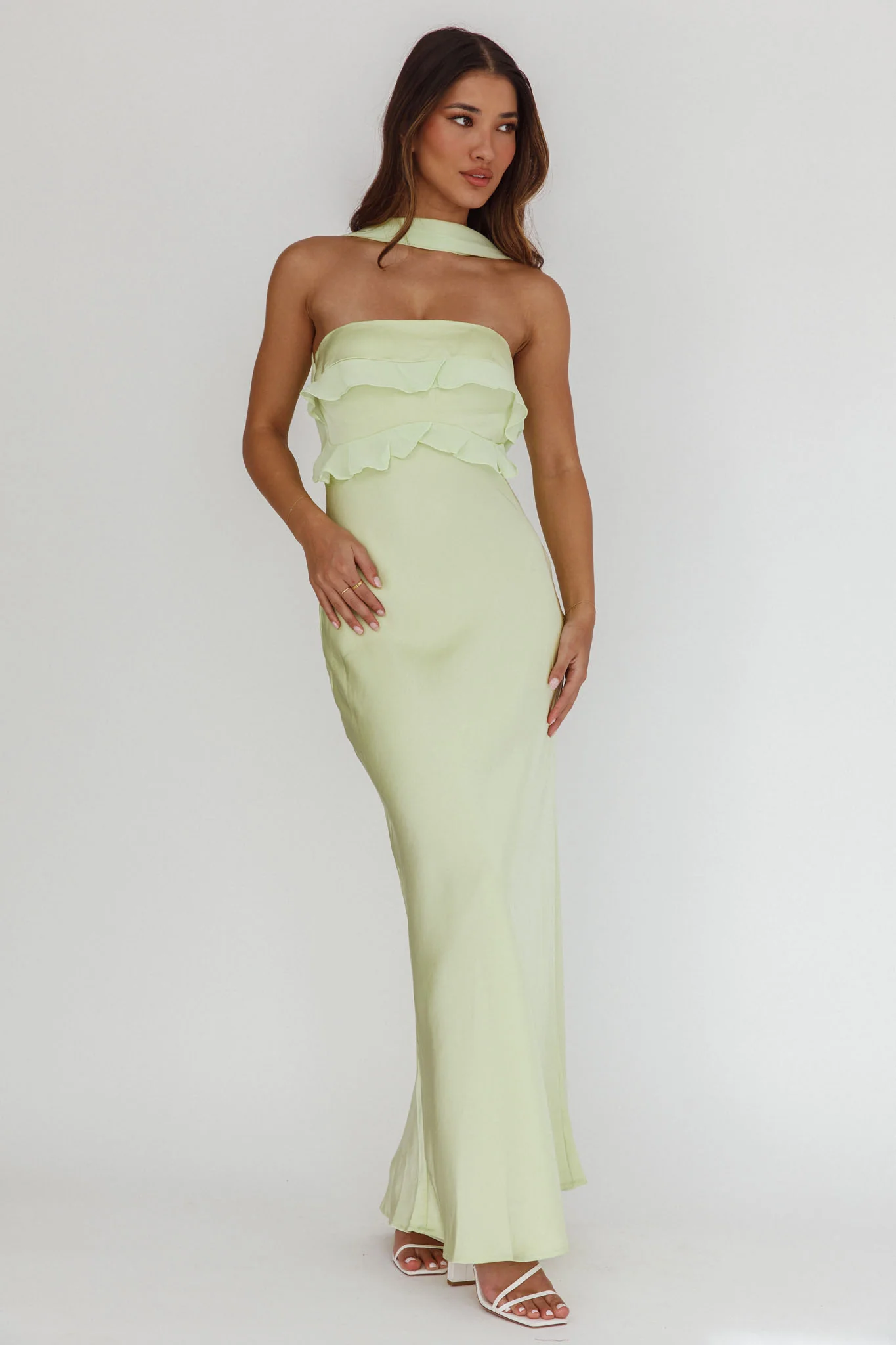 Damsel Reverse Halter Frill Trim Maxi Dress Sage - Sonourner