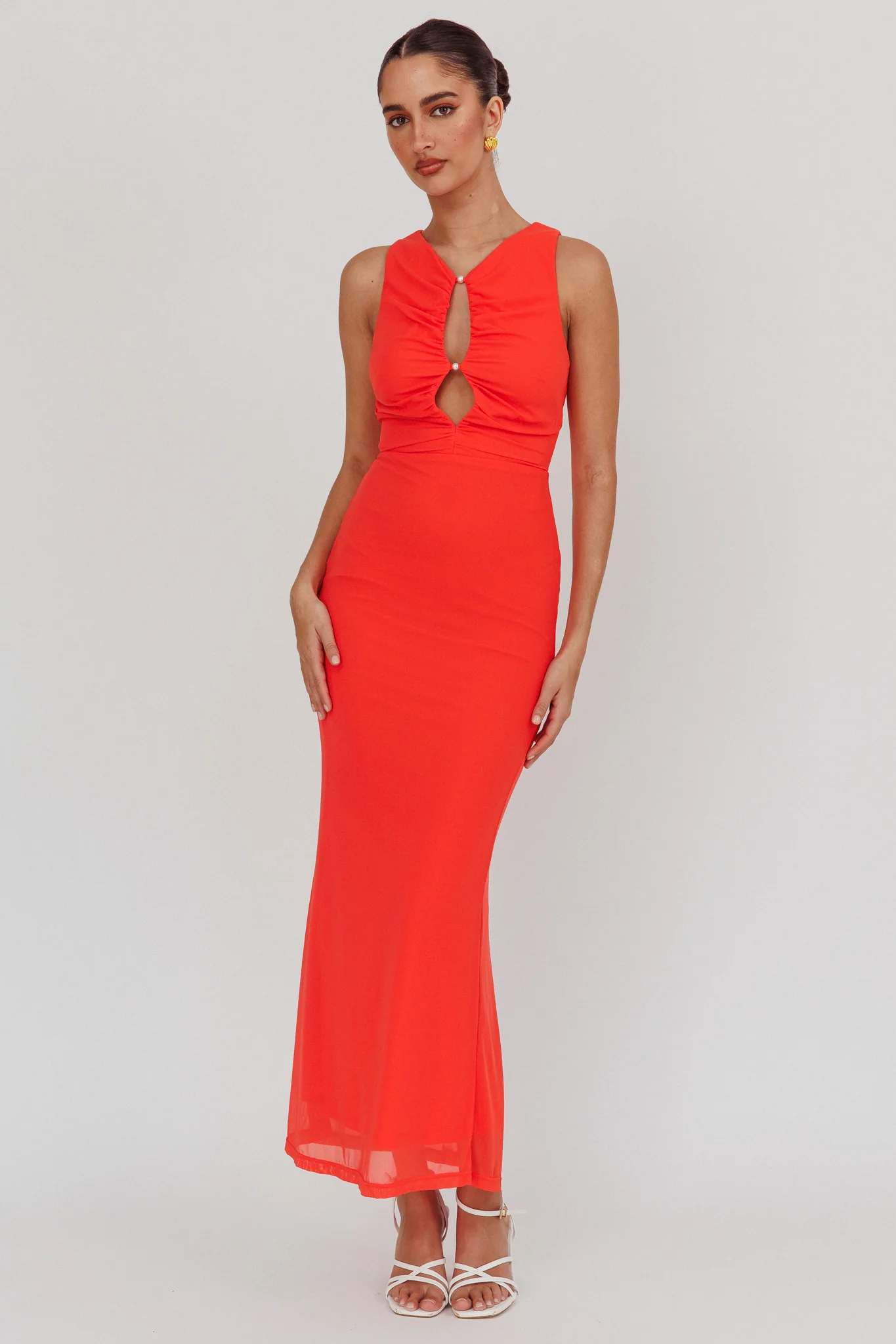Piece Of Heaven Sleeveless Keyhole Mesh Maxi Dress Red - Sonourner