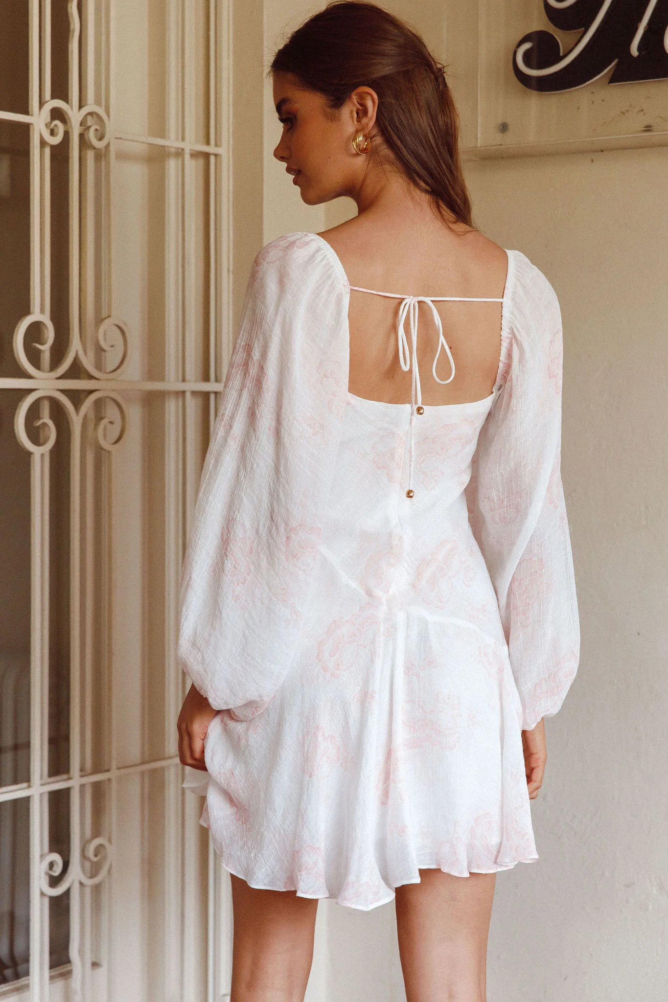 Beaujolais Long Sleeve Cowl Neckline Ruffle Mini Dress Floral Blush - Sonourner