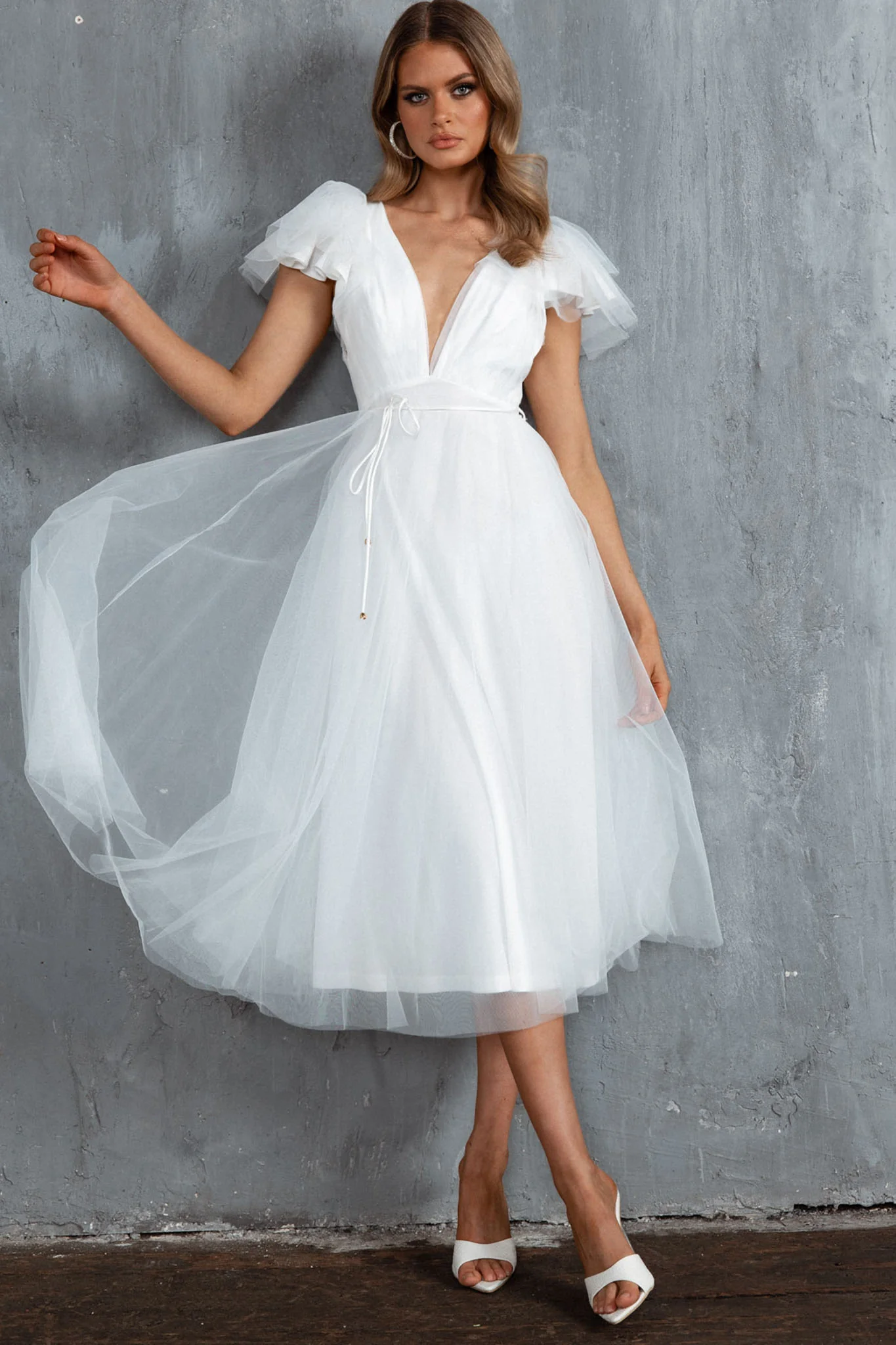 Leap Of Faith Frill Shoulder Tulle Midi Dress White - Sonourner