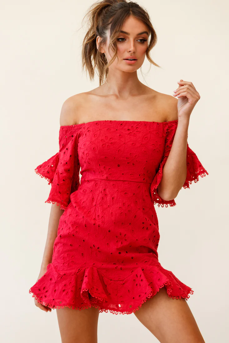 Elissa Off-Shoulder Broderie Anglaise Dress Red - Sonourner