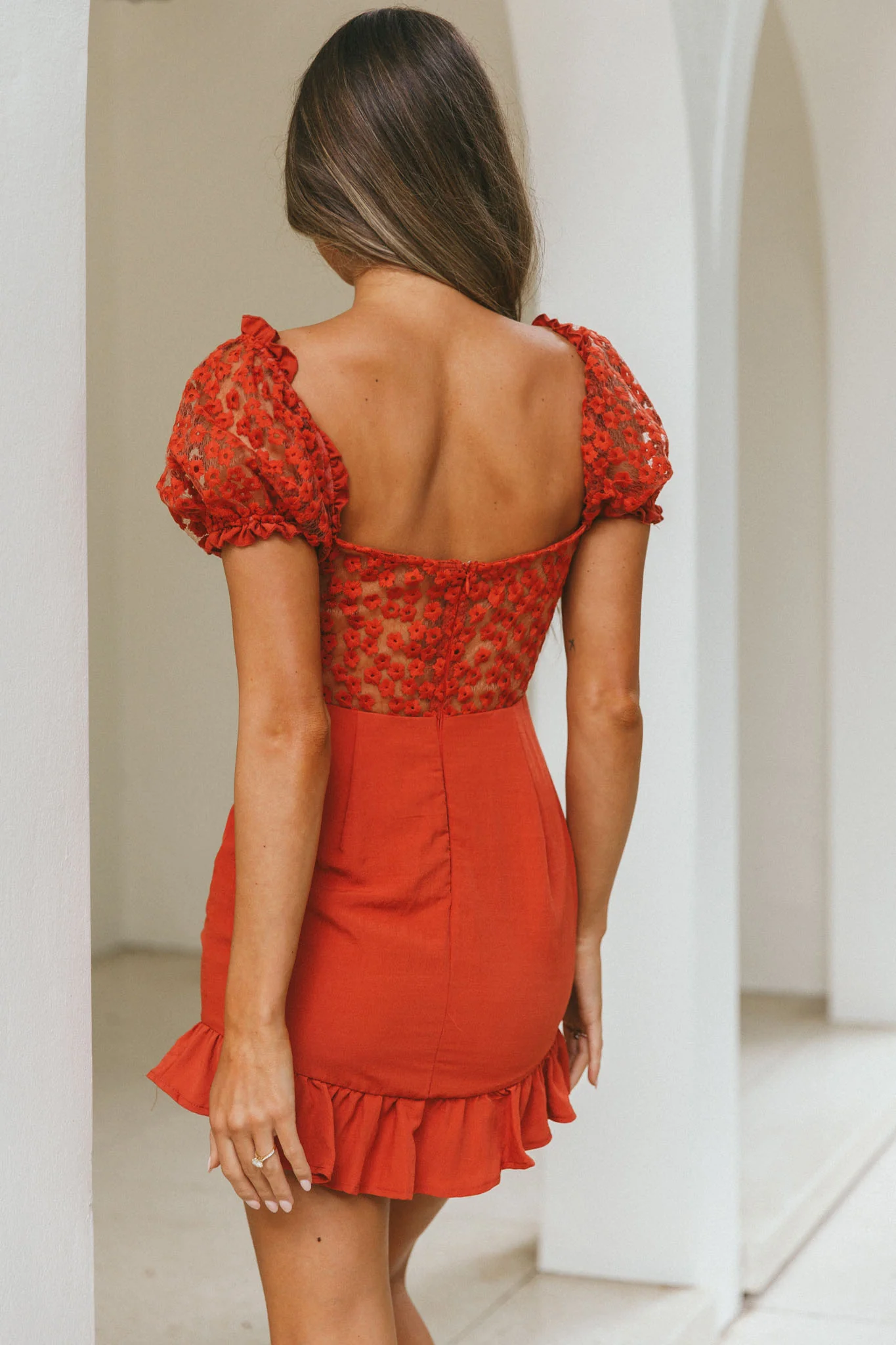 Field Dreams Puff Sleeve Tie-Up Bodice Floral Embroidery Mini Dress Rose - Sonourner