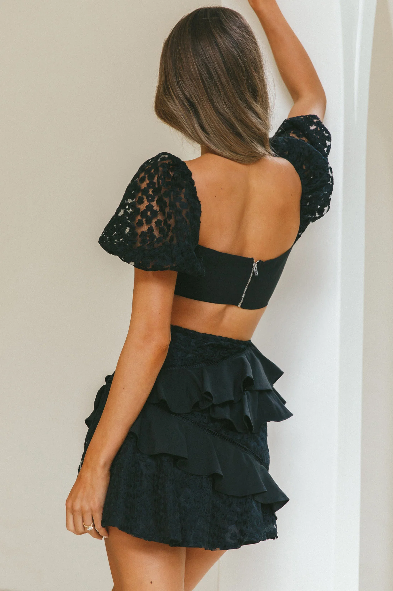 Taurus Floral Embroidery Puff Sleeve Dress Black - Sonourner