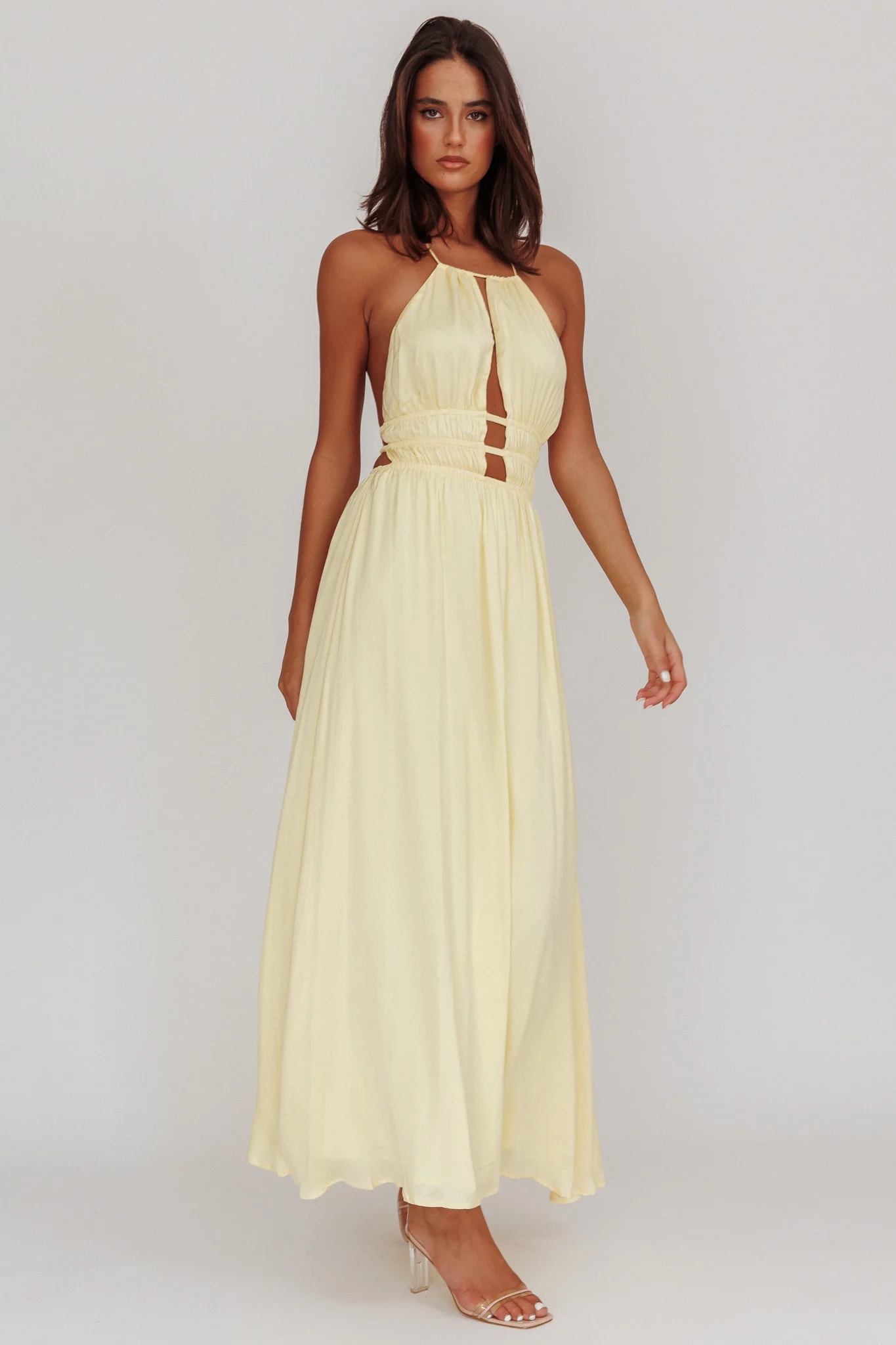 Cyndi Open Back Halterneck Maxi Dress Light Yellow - Sonourner