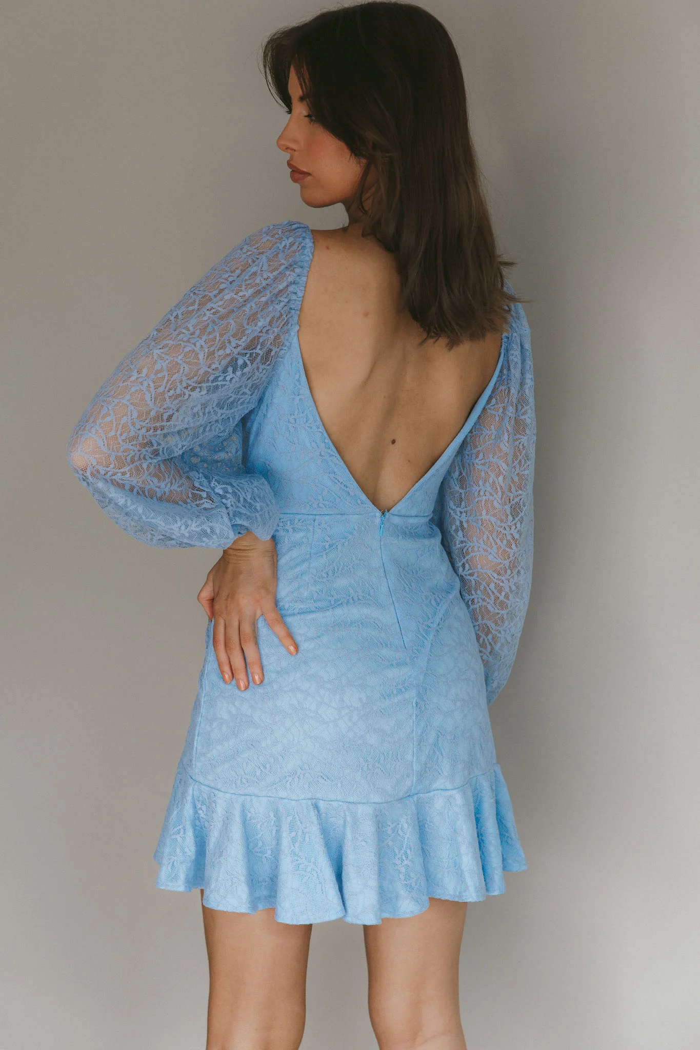 Halley Balloon Sleeve Frill Bust Flounce Hem Lace Dress Baby Blue - Sonourner