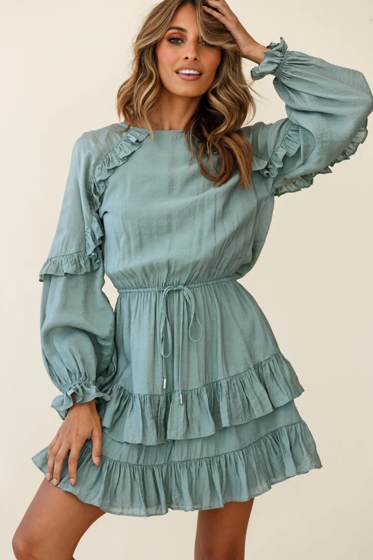 Best Wishes Long Sleeve Frill Detail Dress Olive - Sonourner