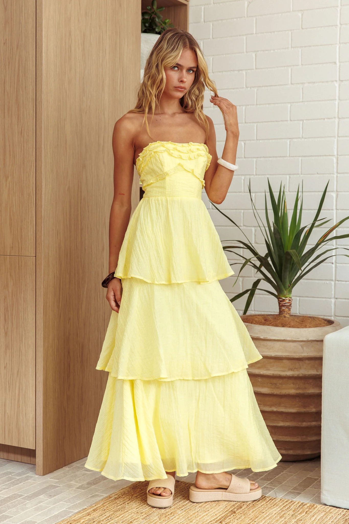 Top It Off Strapless Frill Trim Maxi Dress Butter - Sonourner