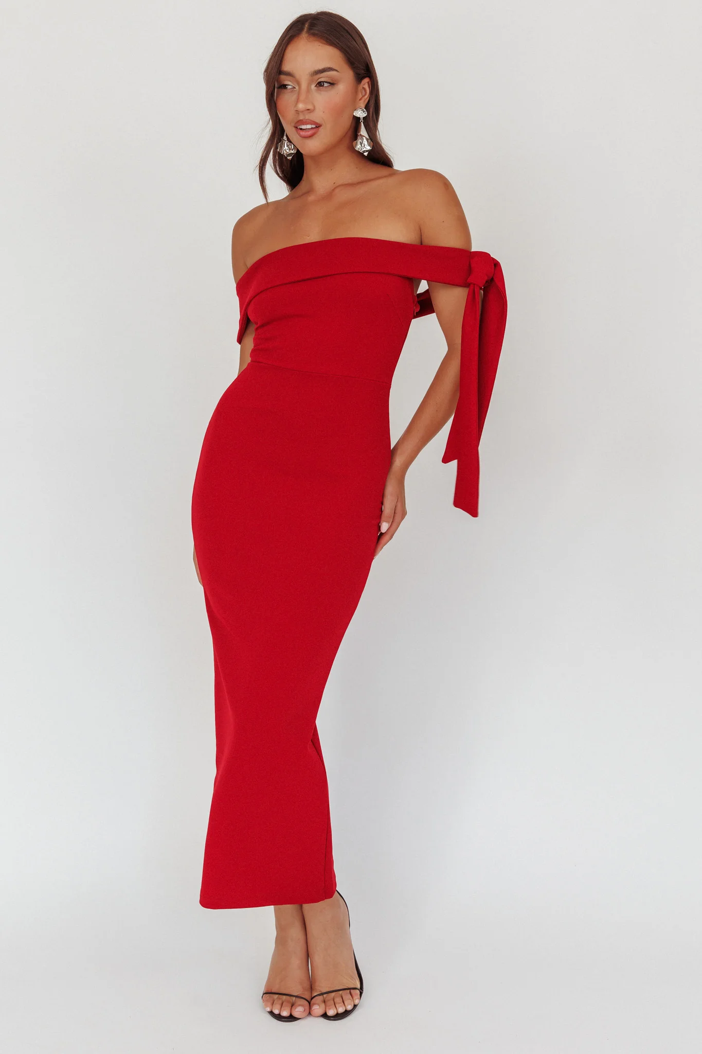 Aurora Sky Off-Shoulder Tie Maxi Dress Cherry - Sonourner