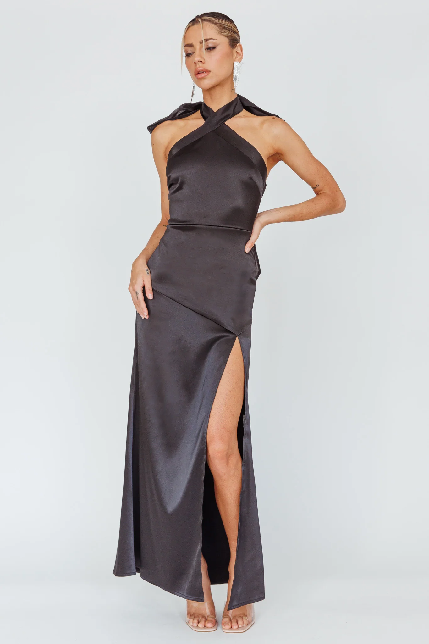 Andria Halterneck Bow Satin Maxi Dress Black - Sonourner