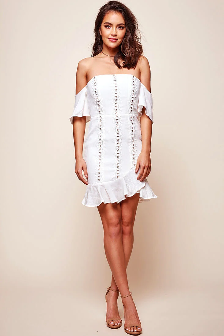 Natalia Off Shoulder Ruffle Trim Dress White - Sonourner