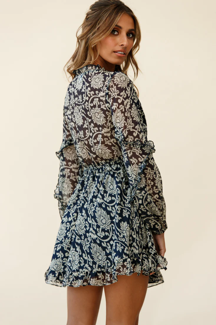 Lima Long Sleeve Drawstring Waist Frill Dress Floral Print Navy - Sonourner