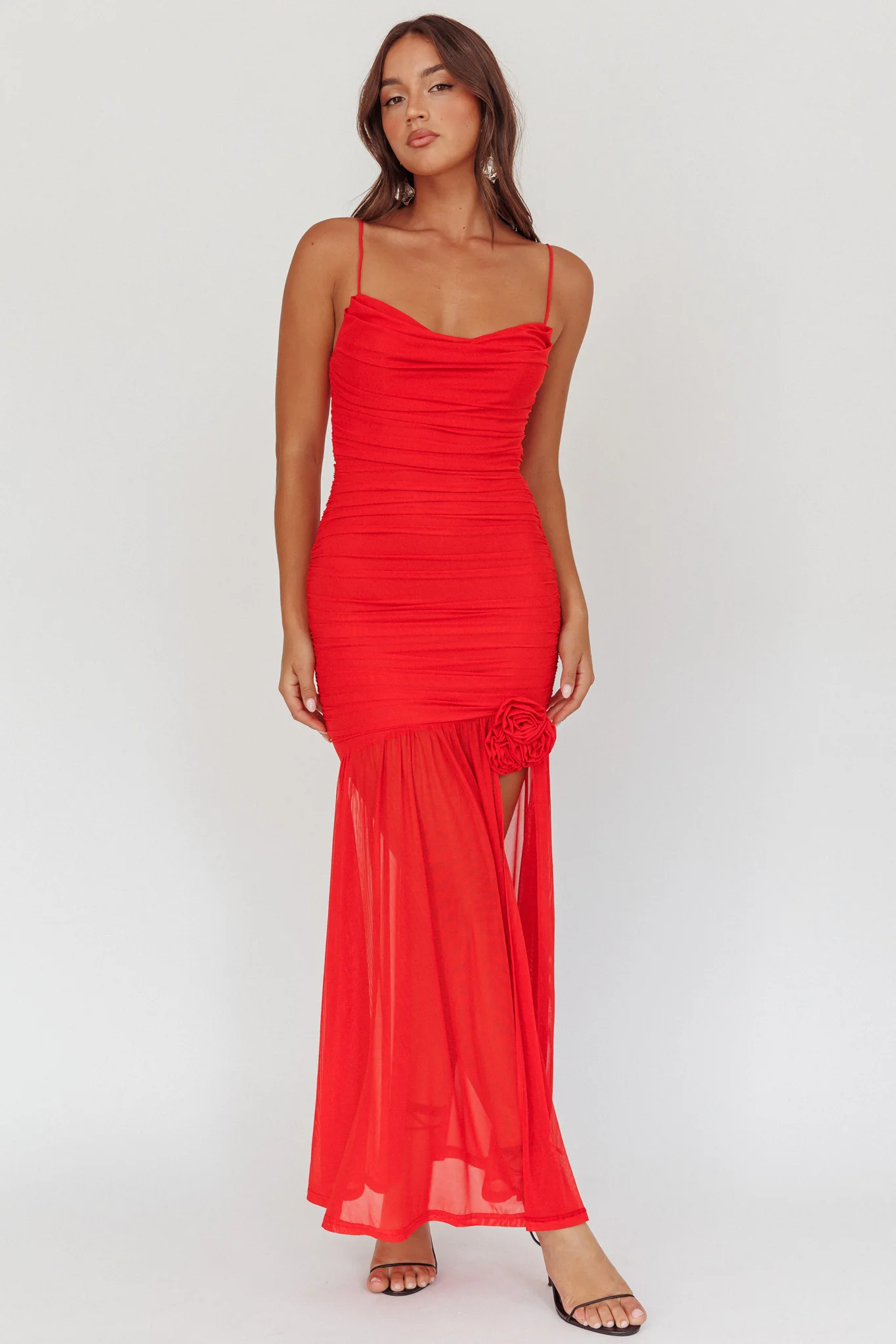 Stole The Show Ruched Mesh Maxi Dress Red - Sonourner