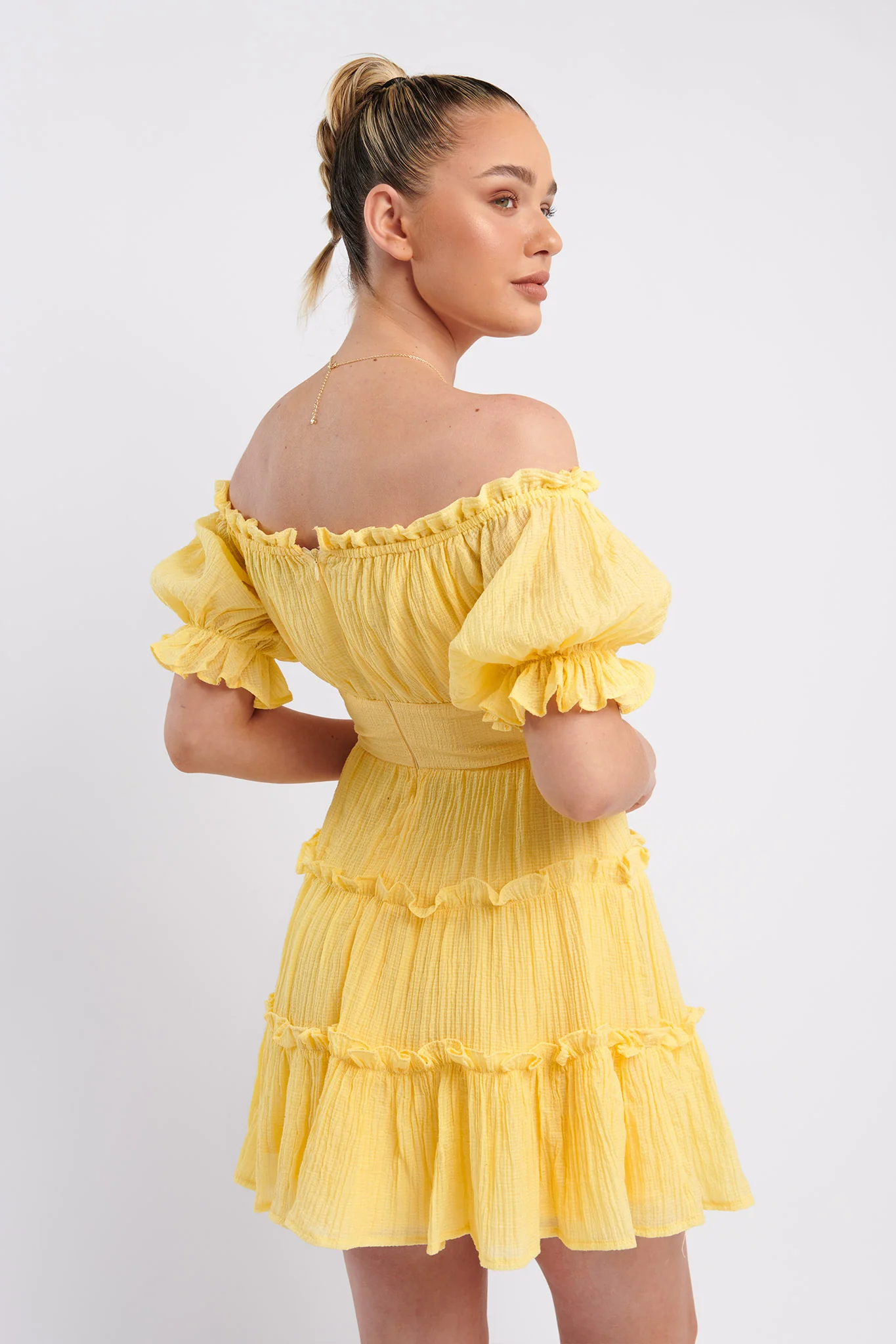 Everley Puff Sleeve Mini Dress Lemon - Sonourner