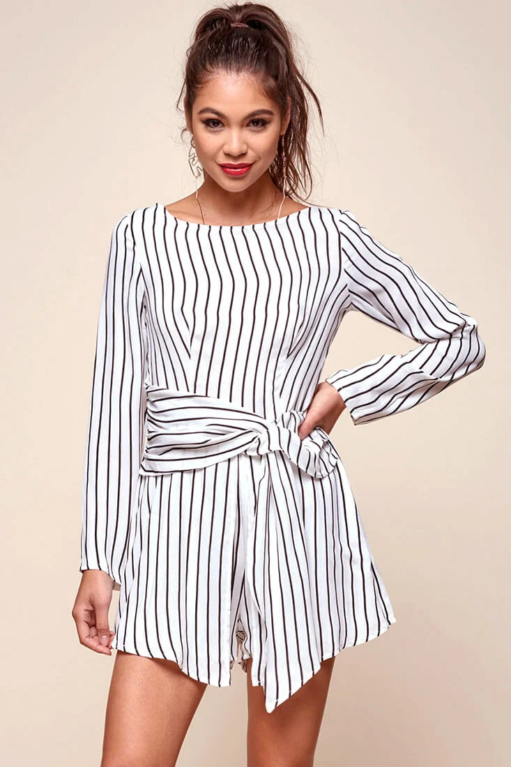 Abbey Waist Tie Pinstripe Romper White & Black - Sonourner