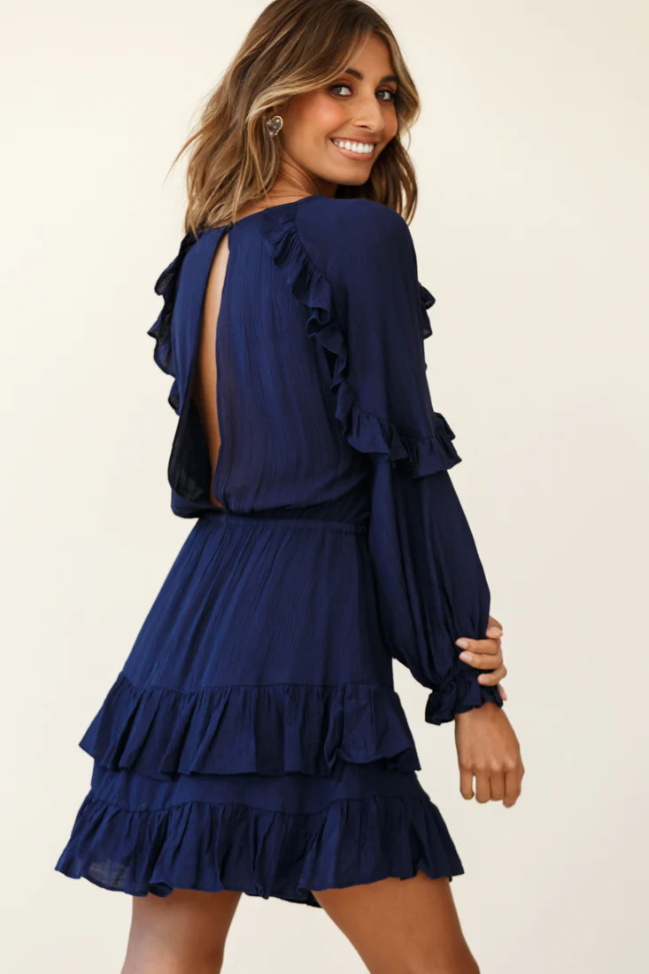 Best Wishes Long Sleeve Frill Detail Dress Navy - Sonourner