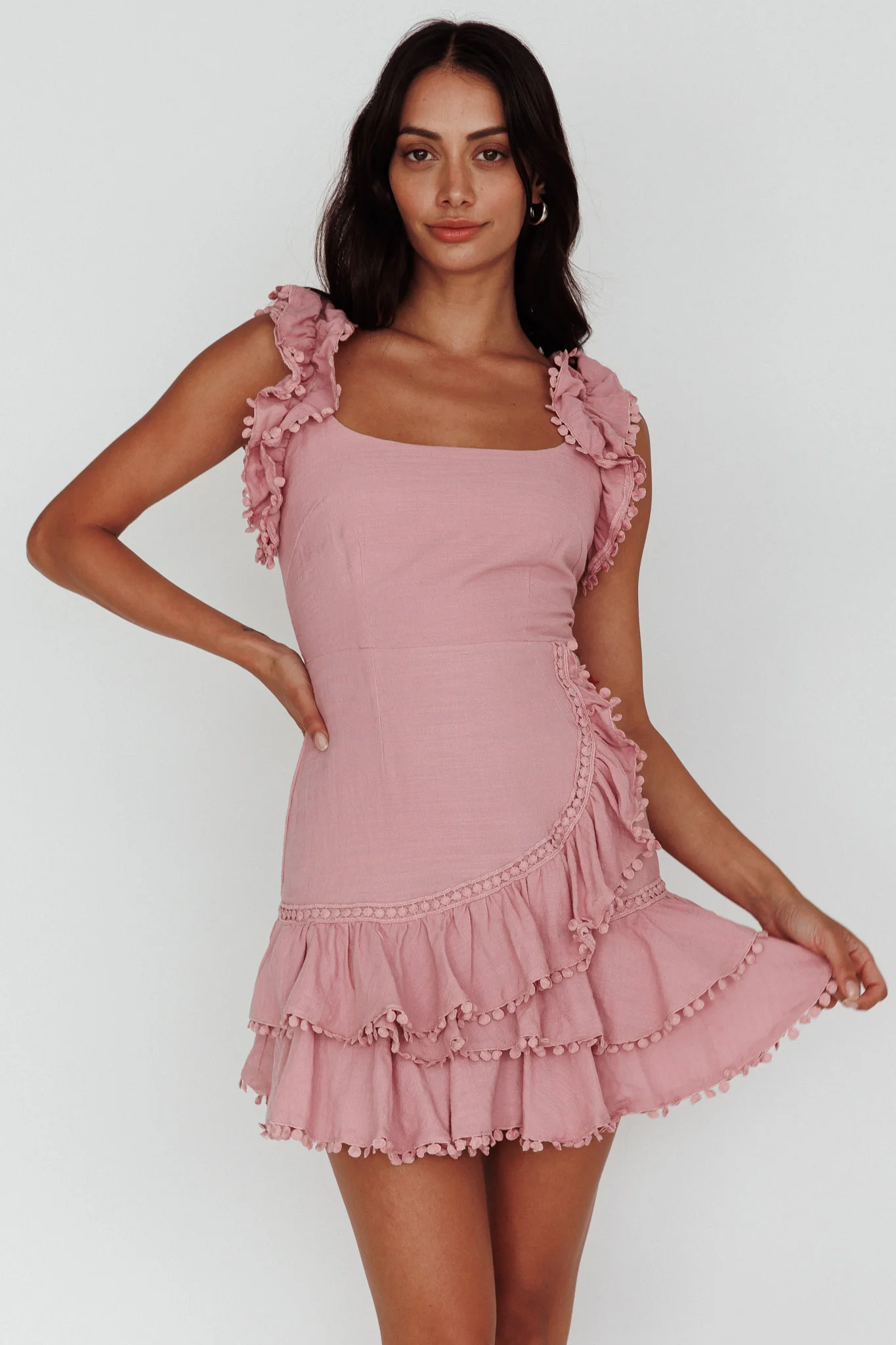 Annie Ruffle Shoulder Strap Dress Dusty Pink - Sonourner