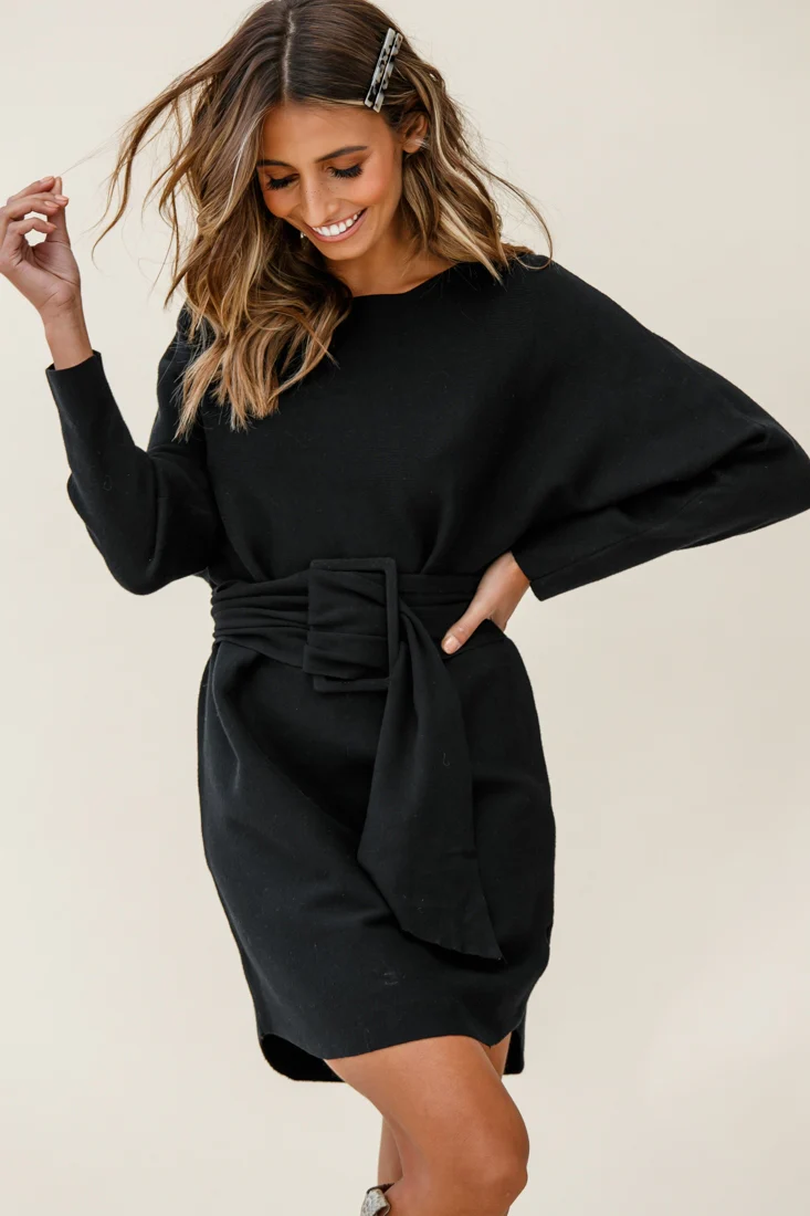 Lorelei Long Sleeve Wide Belt Knit Dress Black - Sonourner