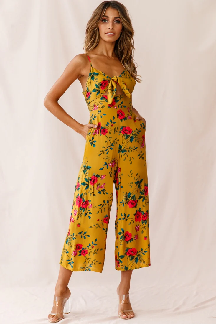 Call Me Wide-Leg Tied Bust Jumpsuit Floral Print Mustard - Sonourner