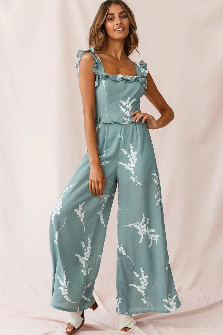 Azure Frill Strap Wide Leg Jumpsuit Sage - Sonourner