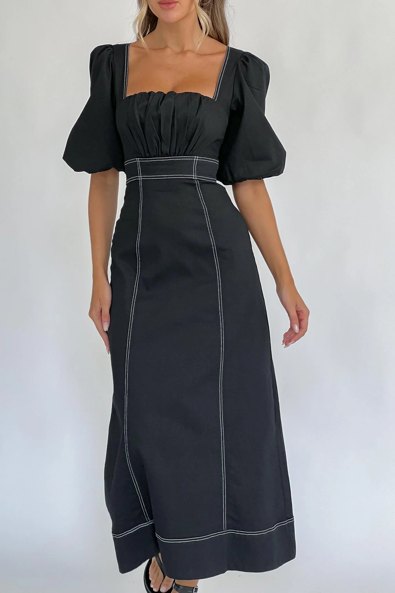 Sibille Puff Sleeve Contrast Stitch Dress Black - Sonourner