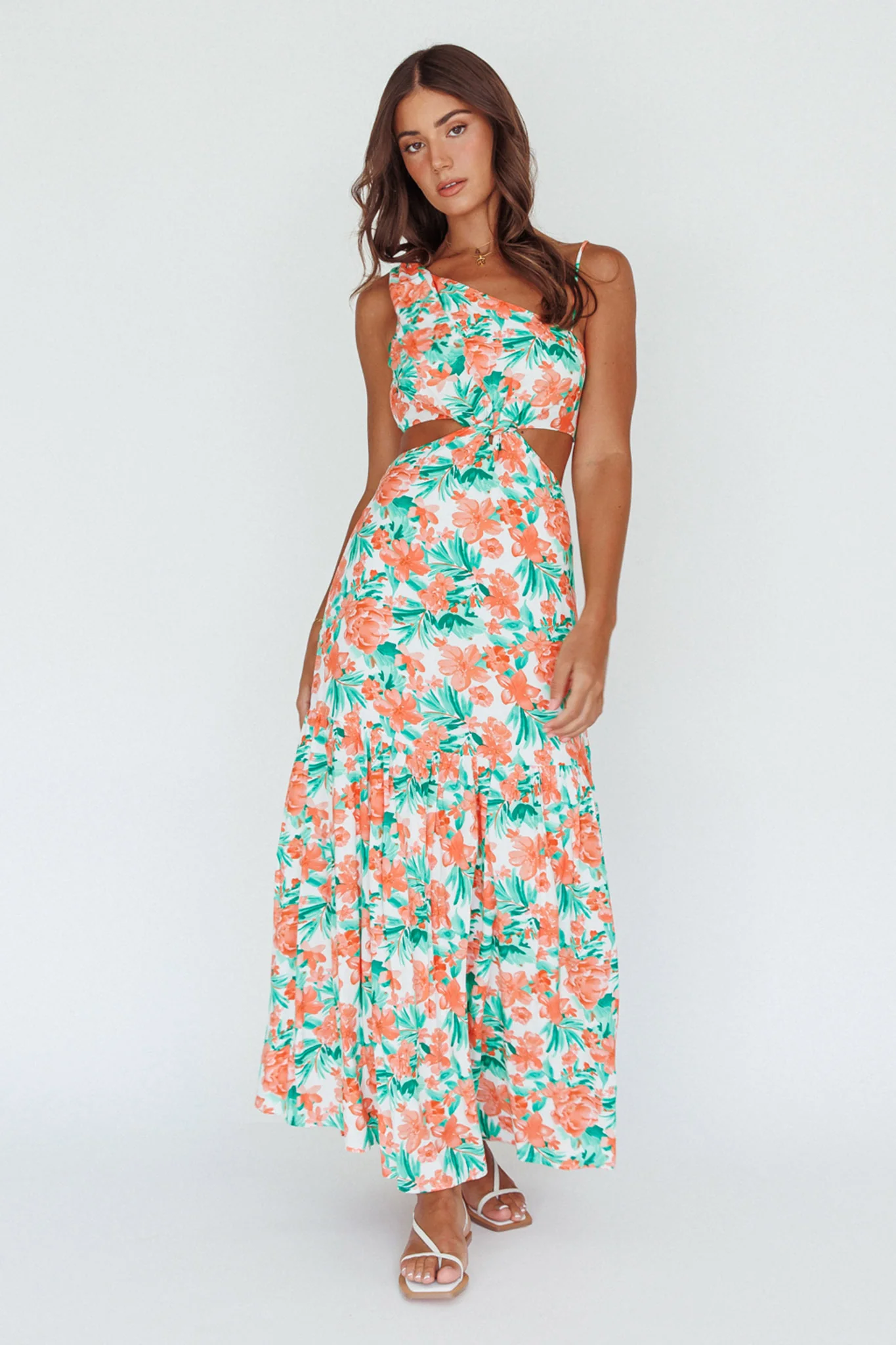 Evening Breeze Cut-Out Waist Maxi Dress Floral Orange - Sonourner