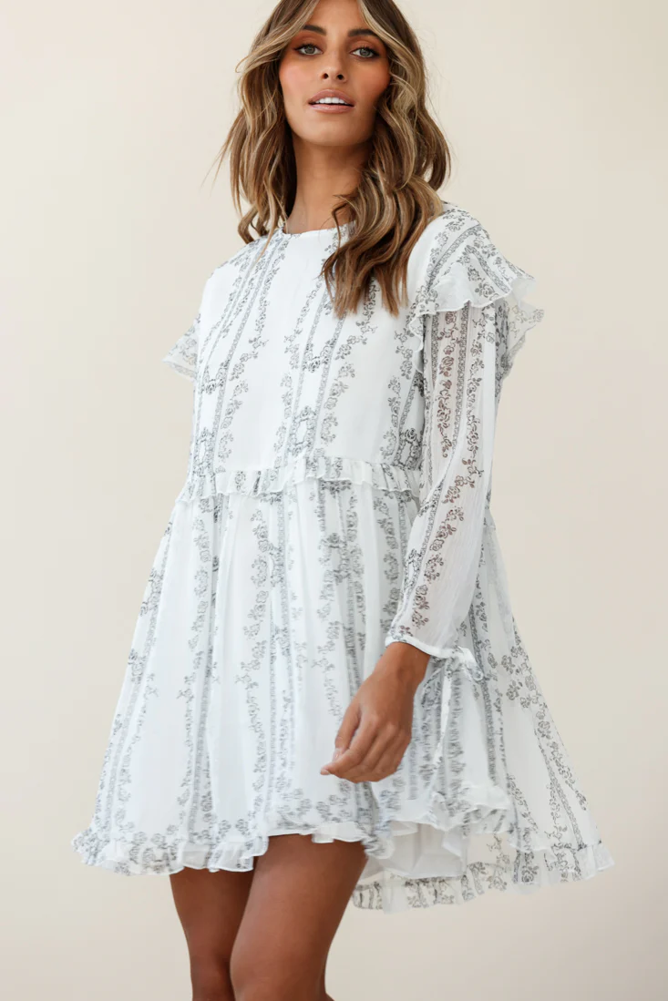 Marion Long Sleeve Shift Dress Vintage Floral Print White - Sonourner