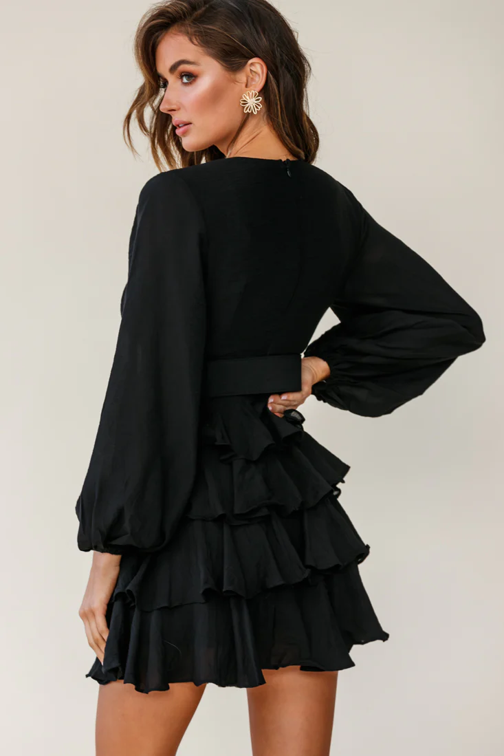Queensland Balloon Sleeve Tiered Frill Belt Dress Black - Sonourner