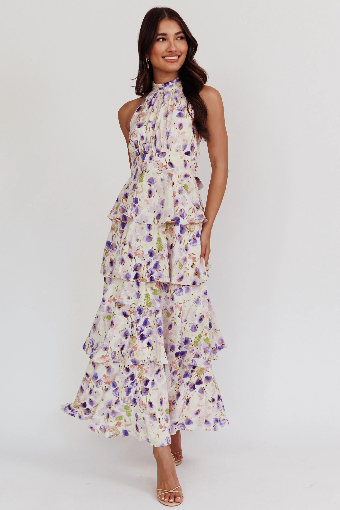 Provence Bloom Tiered Halterneck Dress Blue - Sonourner